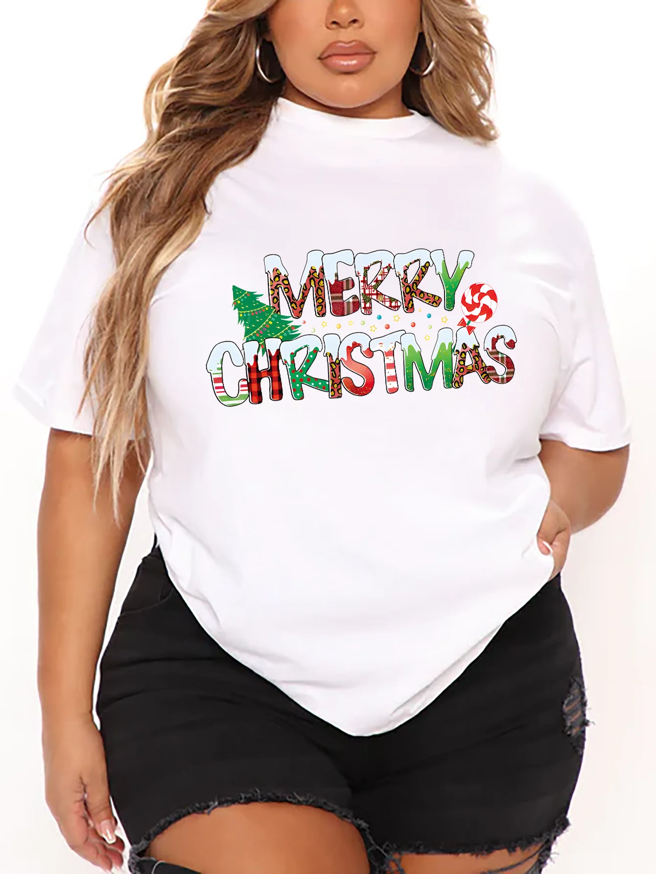 Camiseta de manga corta con cuello redondo para mujer, ropa de talla grande, estampado de Feliz Navidad, moda de verano