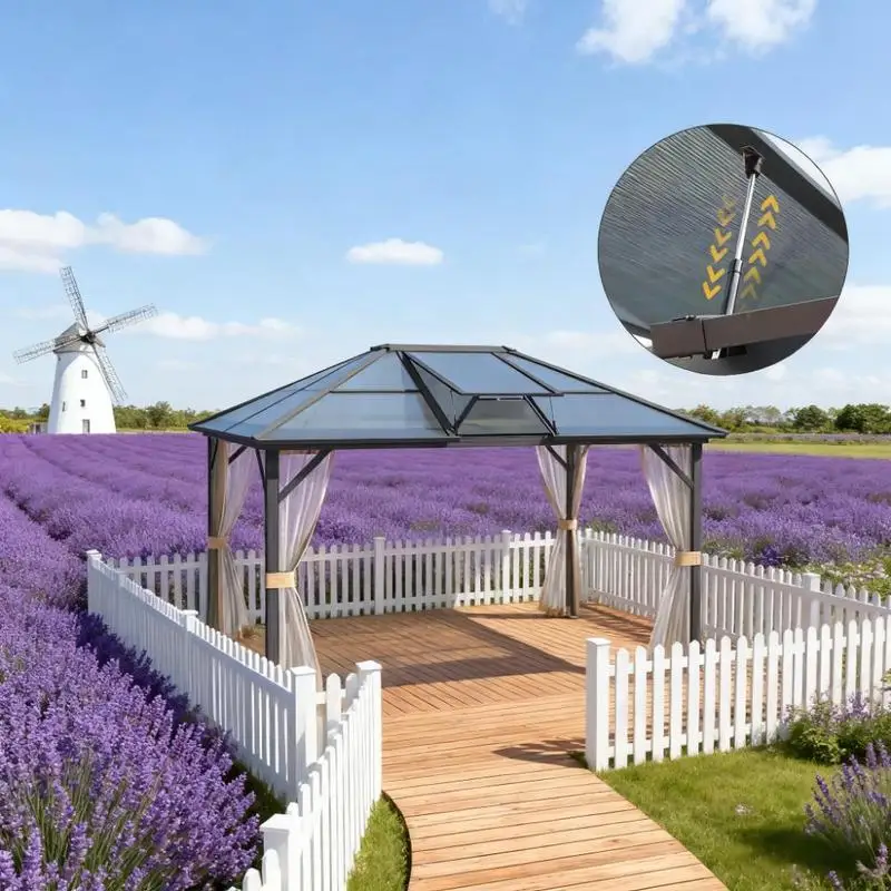 

11.8ft L x 9.7ft W x 8.5ft H Gray Brown Permanent Pavilion Outdoor Gazebo with Netting for Patio Garden Deck and Backyard Use