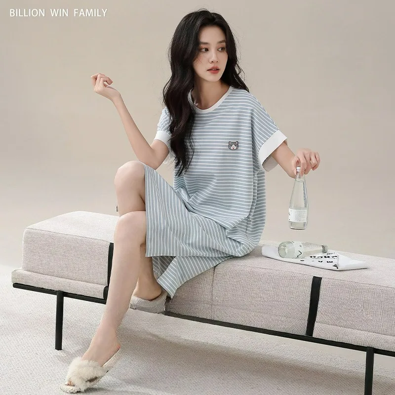 

New Cotton Women Nightwear Casual Comfortable Striped Short-Sleeved Nightdress for Ladies Nightgown Summer Pajamas