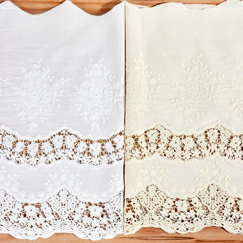1 Yard bestickter weiß-beiger Blumen-Baumwollspitzenstoff zum Nähen, DIY-Besatz, Hochzeitsapplikation, Band, Rock, Bettvorhang-Zubehör – Detail 2