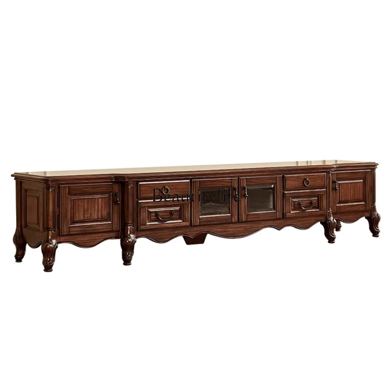 

All Solid Wood TV Cabinet Black Walnut American Classical High-End Furniture Living Room Floor Cabinet