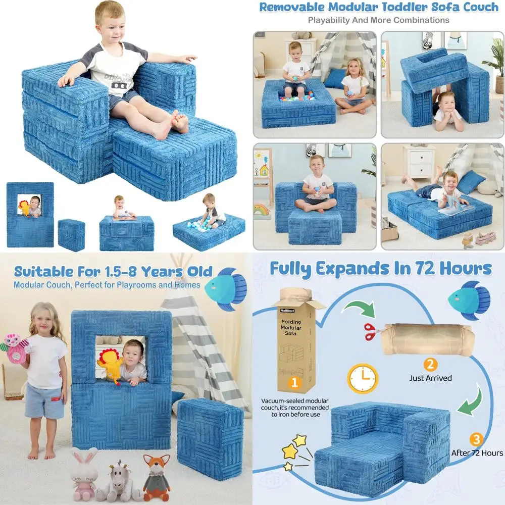 

Modular Children's Sofa, Fold-Out Play Couch, Toddler Sofa for Playroom, Washable and Durable Kid's Play Furniture