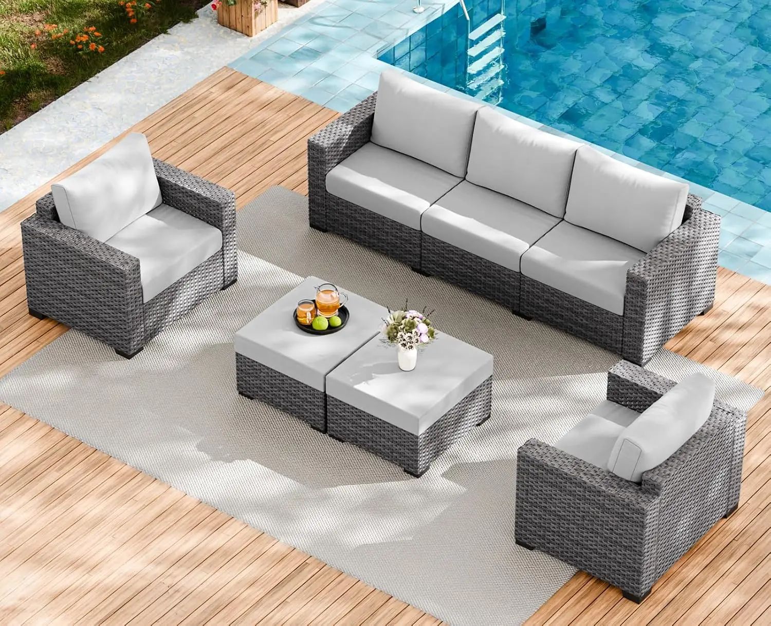 

Outdoor Patio Furniture Set With Sofa Chairs Ottomans Cushions,7 Pieces 7 Seat Gray Wicker Conversation Set For, Customized