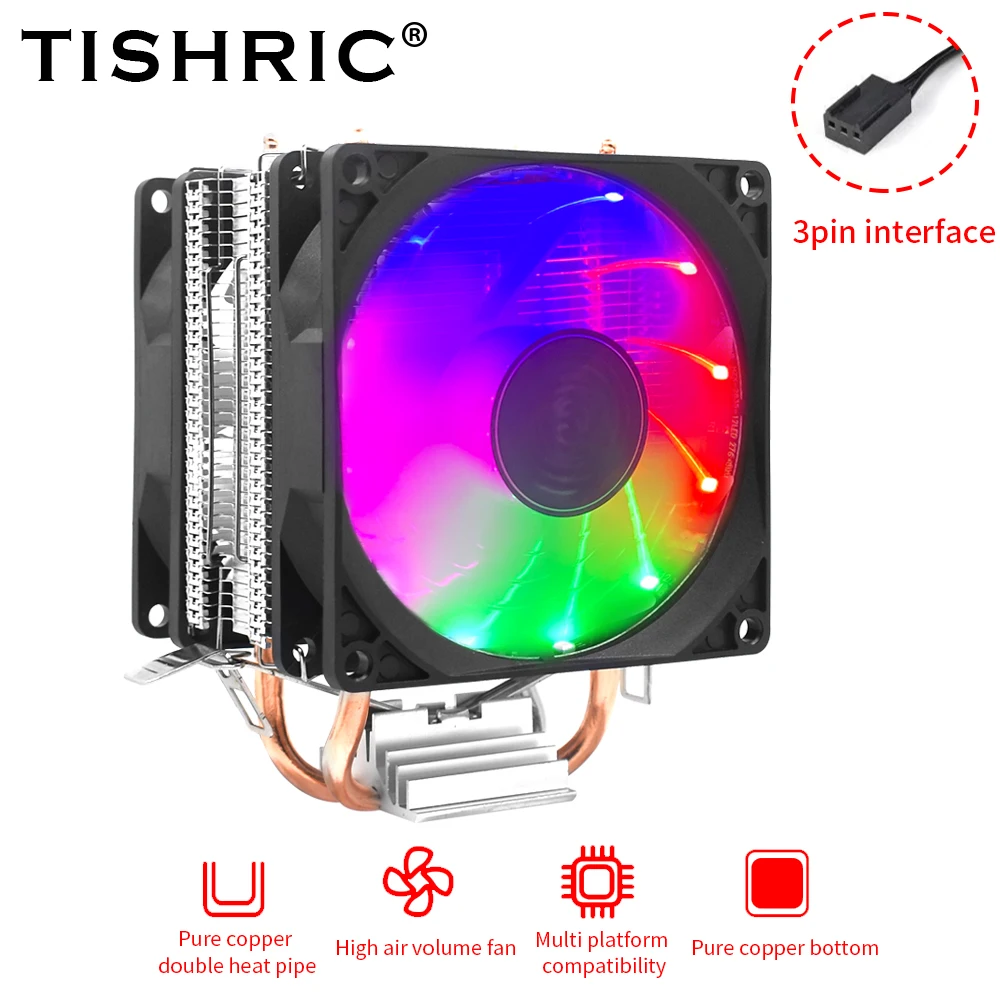 TISHRIC 2 Heat pipes CPU Cooling Fan 3 Pin PWM RGB Fan Radiator CPU Cooler Fan For Intel AM3 AM4 LGA115X 1700 775