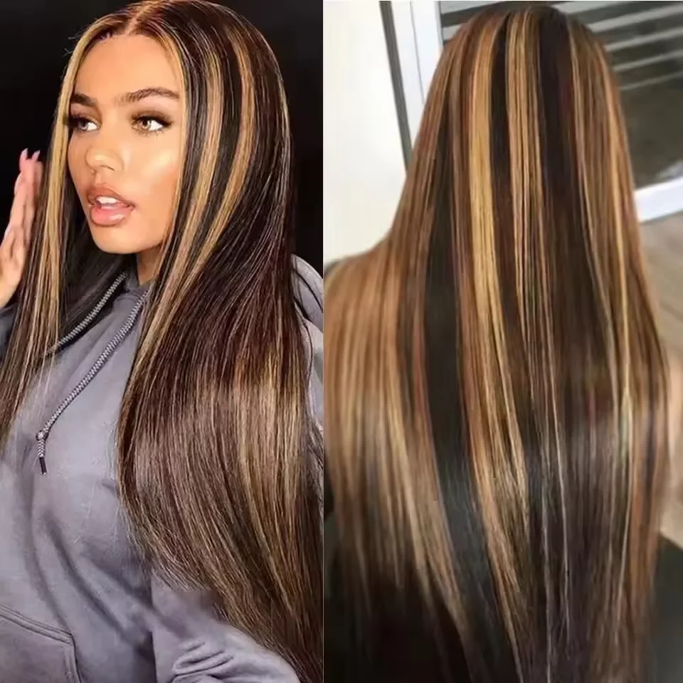 

30-дюймовый 4/27 Highlight Ombre 360 HD парик фронта шнурка, прямые парики из натуральных волос, плотность 180%, предварительно сорванные