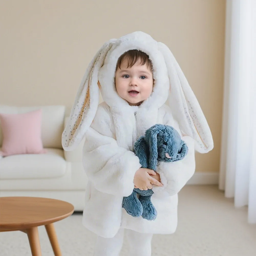 123  Autumn Winter Girls Jacket Solid Color Big Ears Lamb Fleece Lining Thick Warm Hooded Coat For Boys Fake Fur Outerwear 2-6 Y