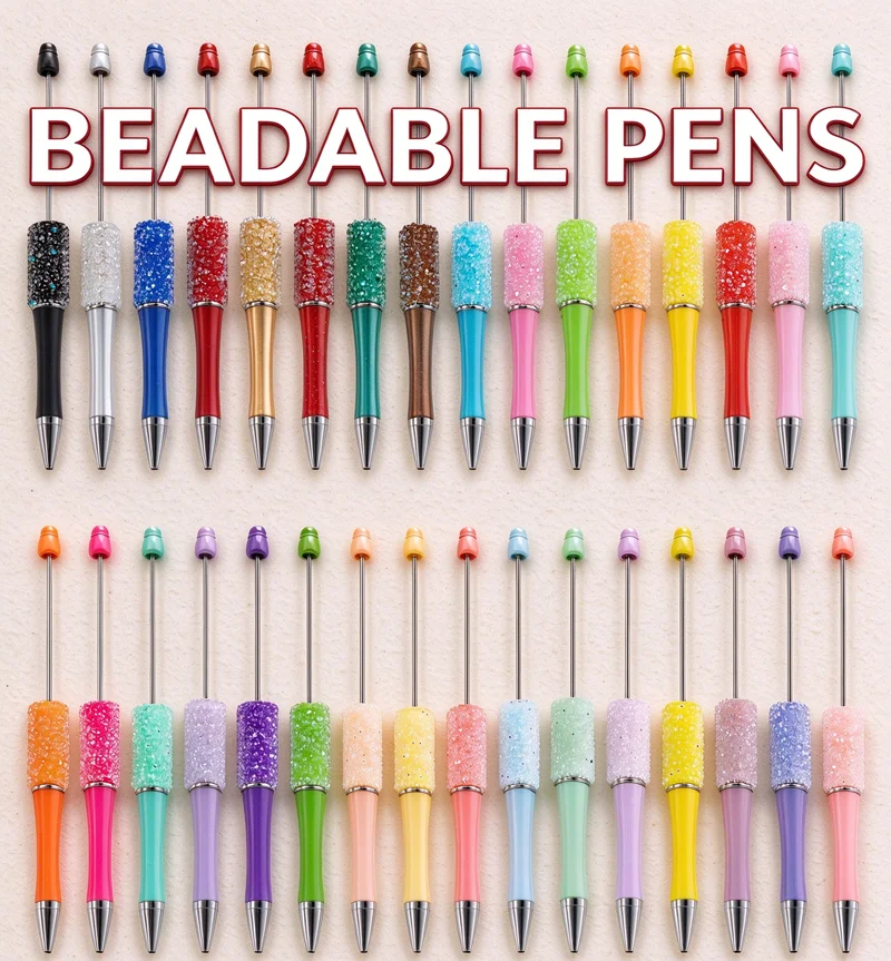 50Pc Sugar Diamond Glitter Beaded Ballpoint Pen DIY Beadable Pens Korean Japanese Stationery Gift Pens School Office Supplies