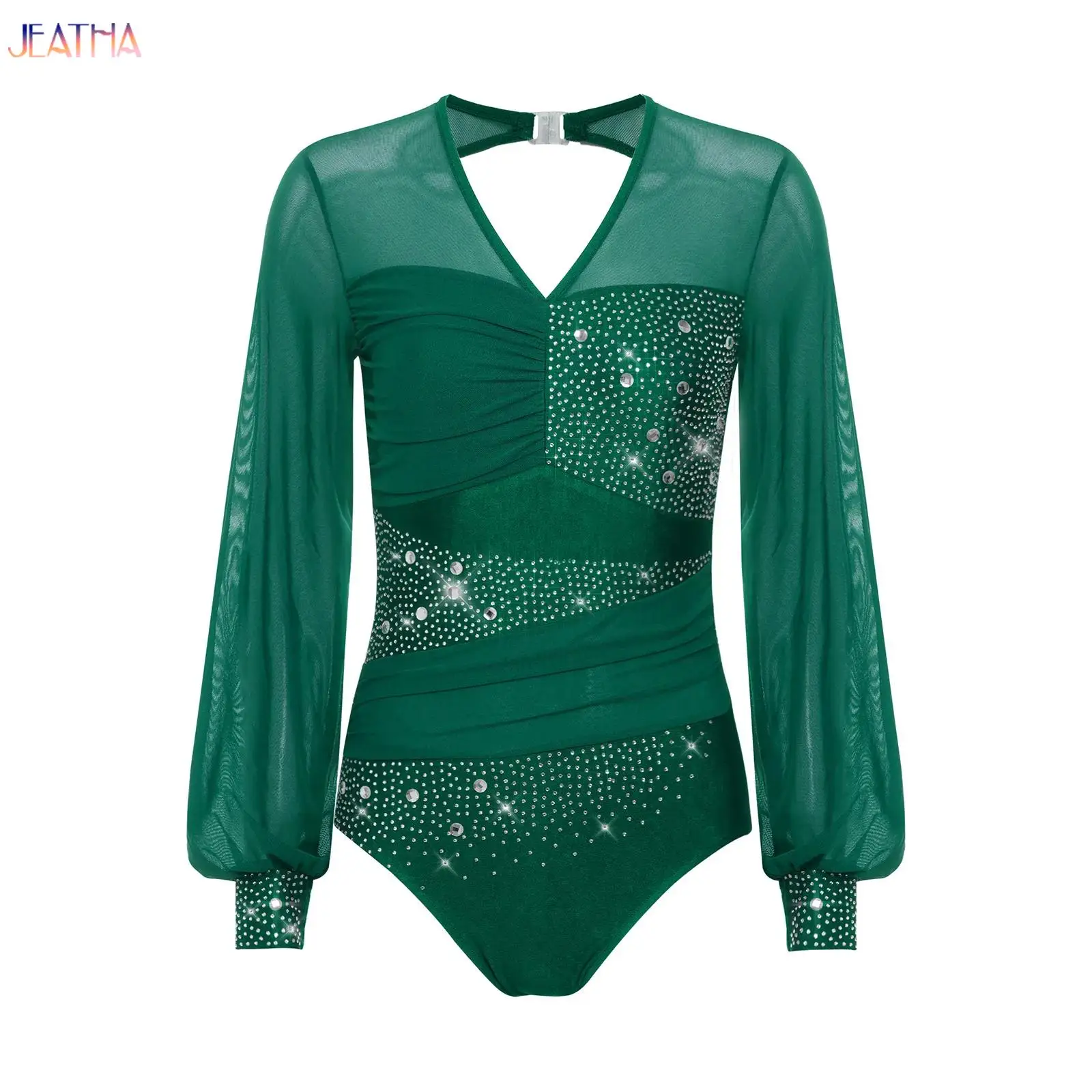

Figure Skating Bodysuit for Adults Women Rhinestones Ruched Rhythmic Gymnastics Leotards Latin Roller Skating Dance Costume