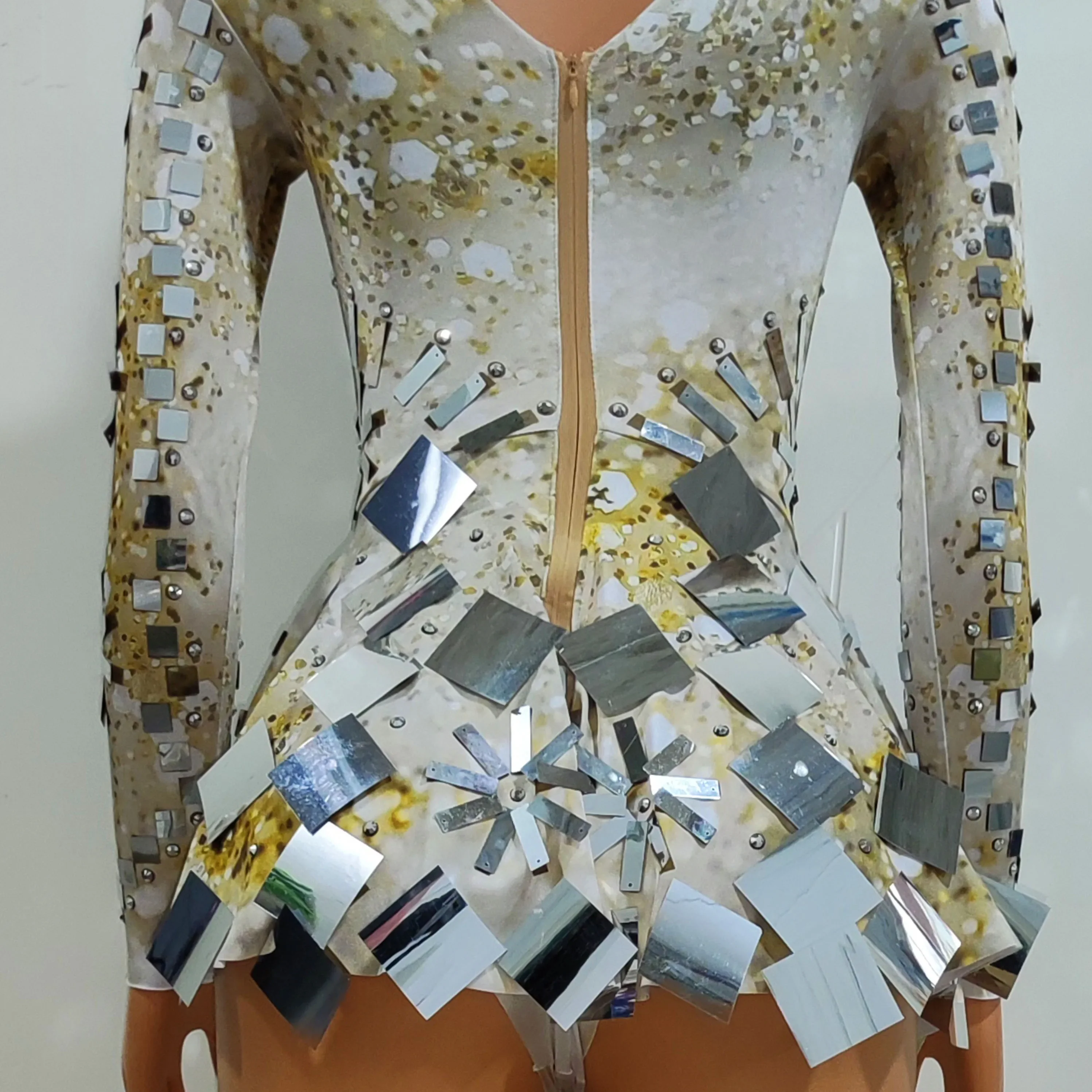 Vestido de fiesta con espejos Flash para mujer, vestidos de noche para fiesta, minivestido elástico de manga larga, disfraz de bailarina y cantante XS6910