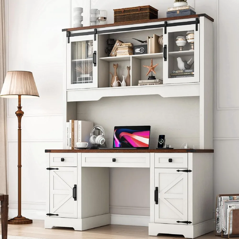 

"76 Inch Tall Farmhouse Style Desk with Sliding Door Cabinet, Wooden Executive Office Workstation featuring Charging Station, Dr