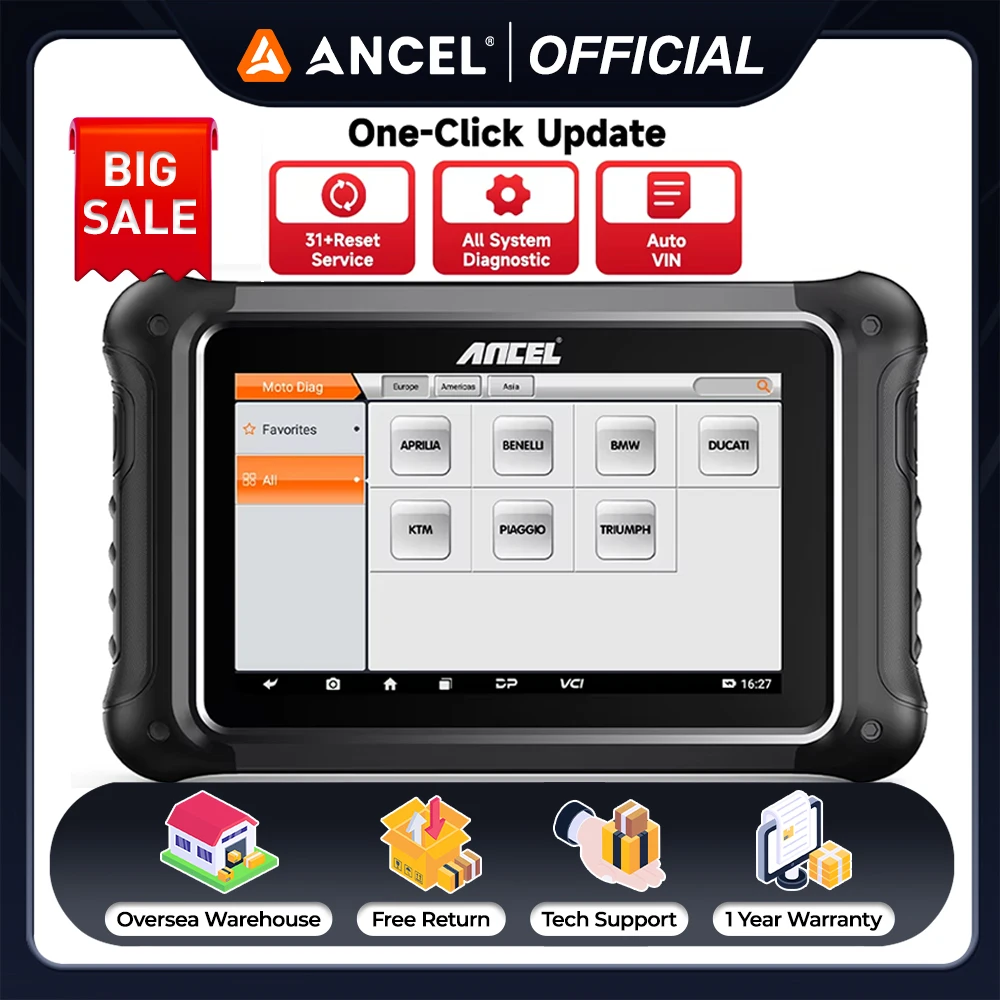 ANCEL MT700 OBD2 Motorcycle Scanner Full System Diagnostic Tool  Oil Rest ABS Bleeding ECU Coding Active Tester for Motorcycle