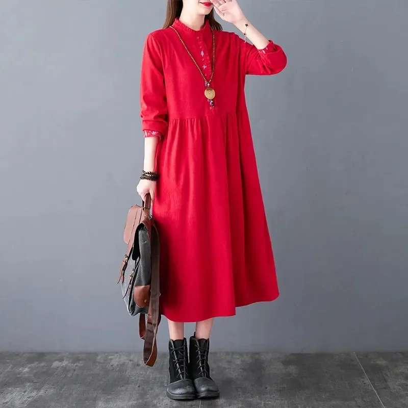 Fashion Corduroy Dress 2024 New Autumn Winter Women Dresses Vestidos Korean Long Sleeve Casual Shirt Dress Blue Red Female A529