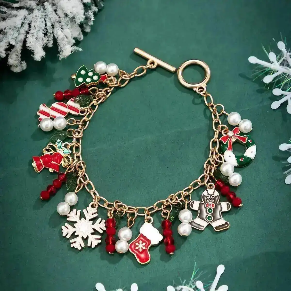 

Lacteo Exquisite Christmas Snowflake Imitation Pearl Crystal Pendant Bracelet Creative Classic OT Buckle Christmas Party Jewelry