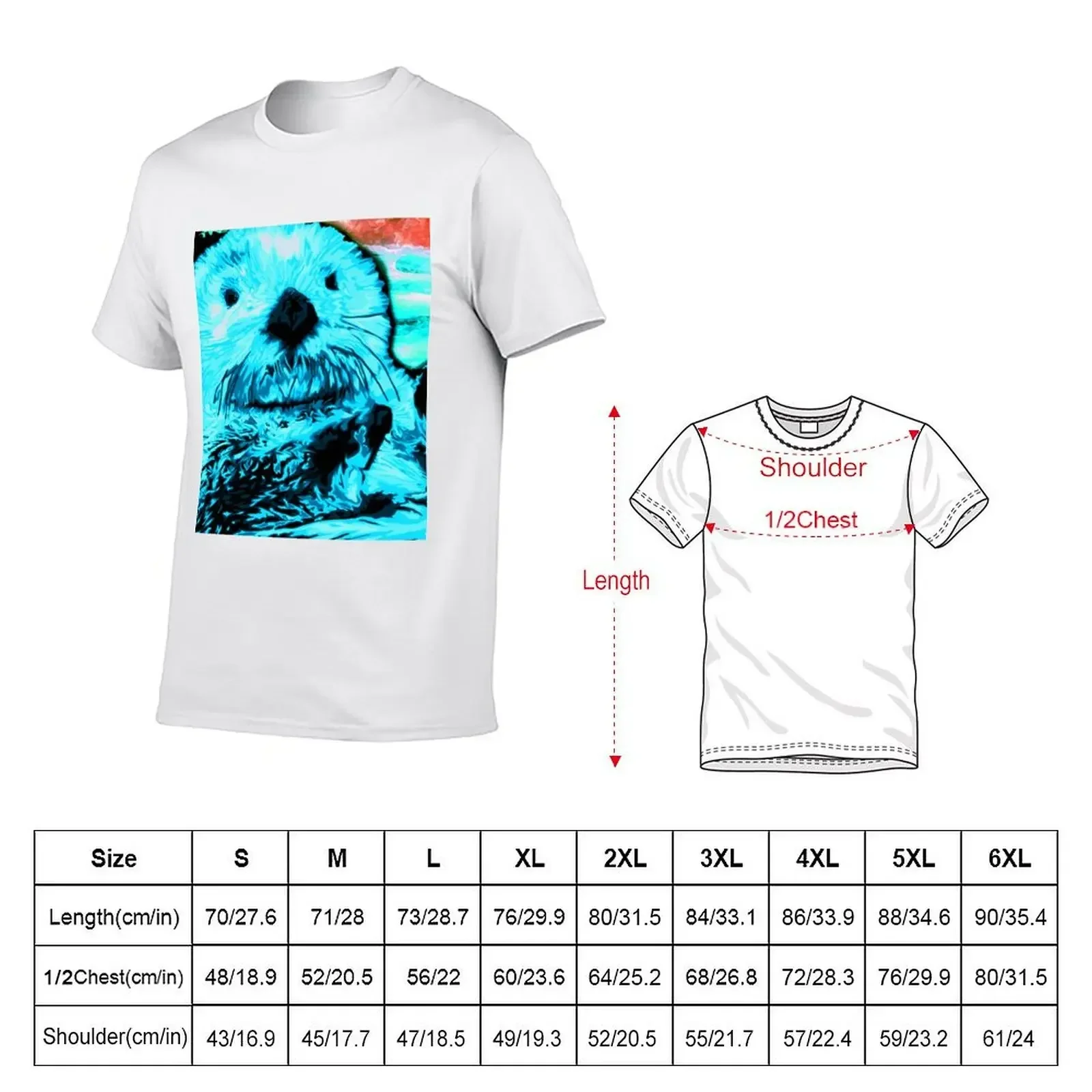 Bright Aqua Blue painted Sea Otter art T-Shirt korean fashion vintage clothes clothing for men