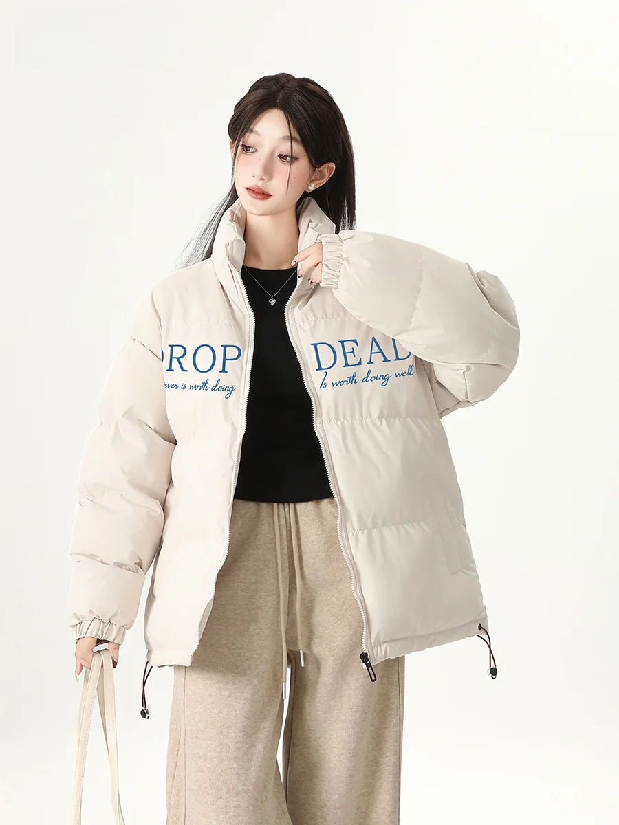 

CHLMS Retro American Printed Cotton Jaet Women's Thi Warm Winter Coat Loose Fit Long Sve Zipper Closure Stand Collar