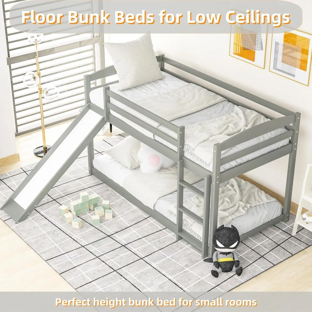 سرير مزدوج بطابقين منخفض مع منزلق، سلم، قضبان أمان، سعة 400 رطلاً للمراهقين والكبار #6