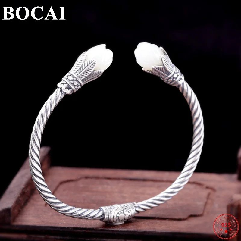 

BOCAI S925 Sterling Silver Bracelets for Women New Fashion Feather Pattern Magnolia Hotan Jade Opening Bangle Free Shipping