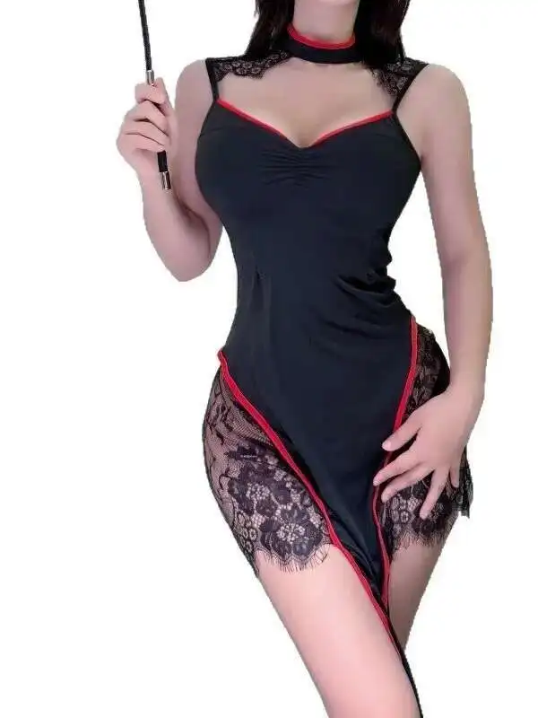 セクシーな純粋な欲望中空アウトローカットスプリットレースチャイナホットワンショルダードレスエレガントなファッション女性 Tシャツミニドレス XX8