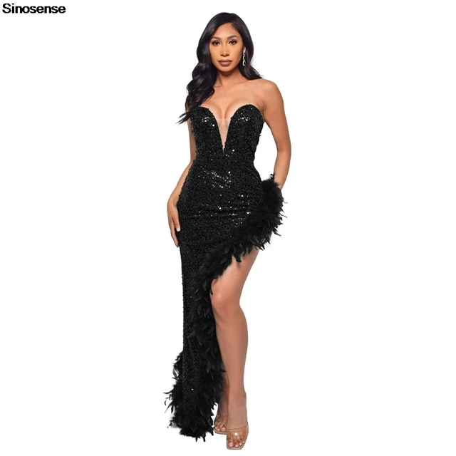 Elegancka damska sukienka wieczorowa koktajlowa dla gościa weselnego Seksowna sukienka bez ramiączek z cekinowymi piórami Bodycon Night Club Party Dress