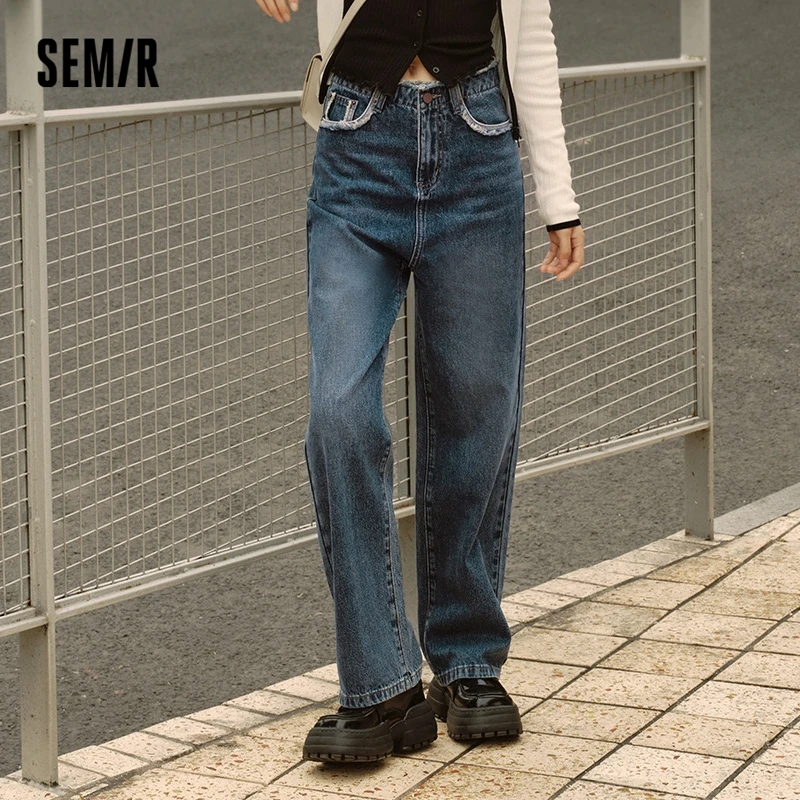 Semir 2023 Women Jeans Raw-Edged Wide-Leg Pants Look Thin  Show Long Legs Simple New Autumn Personalized Trousers for Women