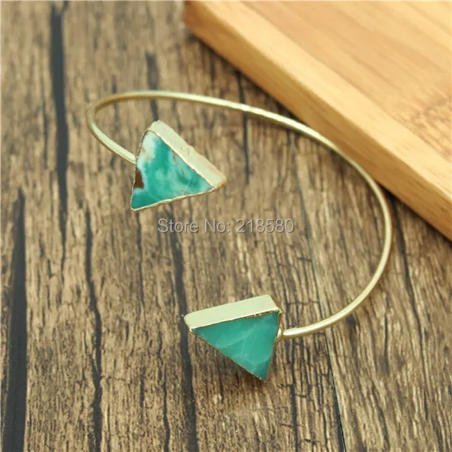 Double Triangle Chrysoprase Stone Bangle Bracelet Gold Color Cuff Women Bridesmaid Gift Boho Wedding Jewelry