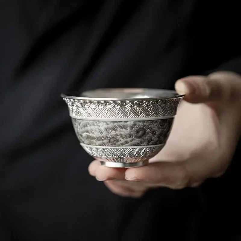 Personal High-end Tea Cup Sterling Silver Gilt Tea Cup Landscape Master Cup Tea Business Souvenir for The Elderly