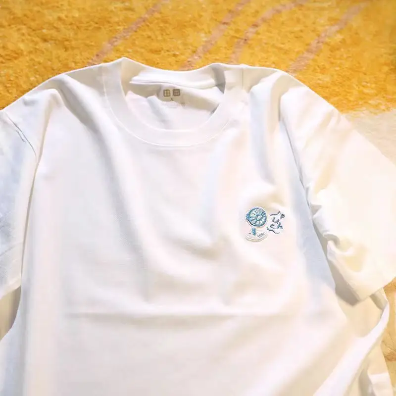Men Women Fan Embroidery Tee Cute Summer Cotton Short Sleeve Unisex Beat the Heat Casual Top Couple Matching White T-Shirt