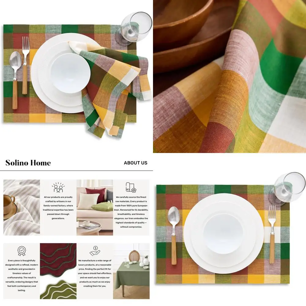 

4-Piece Multicolor Buffalo Check Linen Placemats, 100% Pure Linen, 13x18 Inches - Rustic Farmhouse Style