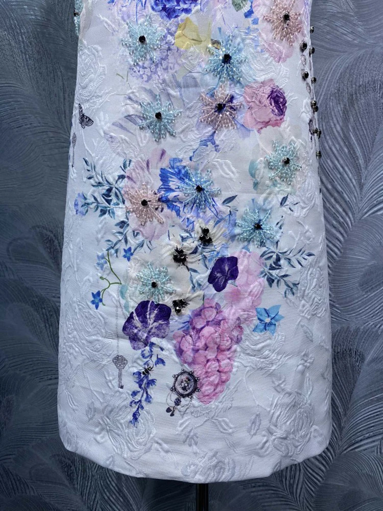 DLDENGHAN damska O-Neck bez rękawów diamenty frezowanie kwiaty drukuj kamizelka w stylu vintage sukienka moda wiosna nowość