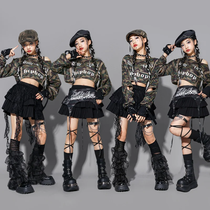 K-pop Costume da ballo Ragazze Jazz Outfit Kid Performance Show Abbigliamento Camouflage Crop Top Gonna nera Moda Streetwear AMY2928