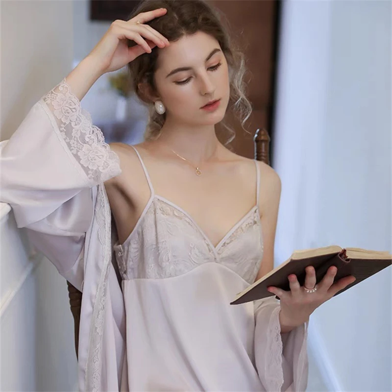 Court Style Pajamas Summer Thin Ice Silk Sleepwear V-Neck Sling Dress and Robe Two Piece Set Leisure Home Suit Women's Clothes