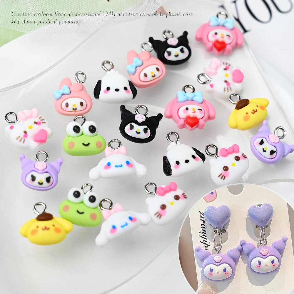 10 peças kit de amuletos de unhas kawaii sanrioed kuromi hellokitty, design de resina com parte traseira lisa brilhante/fosco para pingente de colar de capa de telefone de unha #