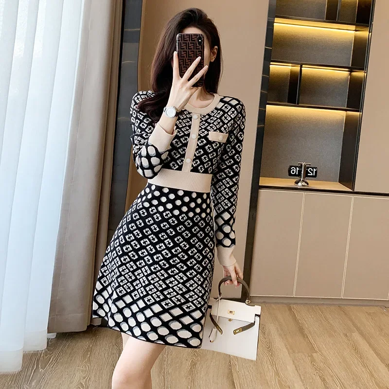 2024Fashion Knit Dress Women Autumn Ribbed Contrast Long Sleeve High Waist Lapel Gown Dress Knitwear Ladies Maxi Dresses R89