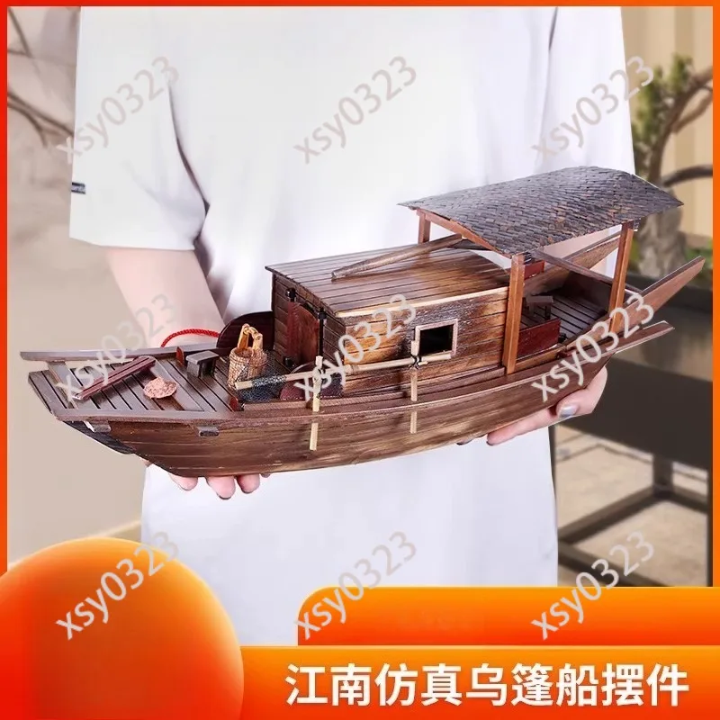 Solid Wood Chinese Traditional Boat Model Ancient River Fishing Boat Decor for Living Room