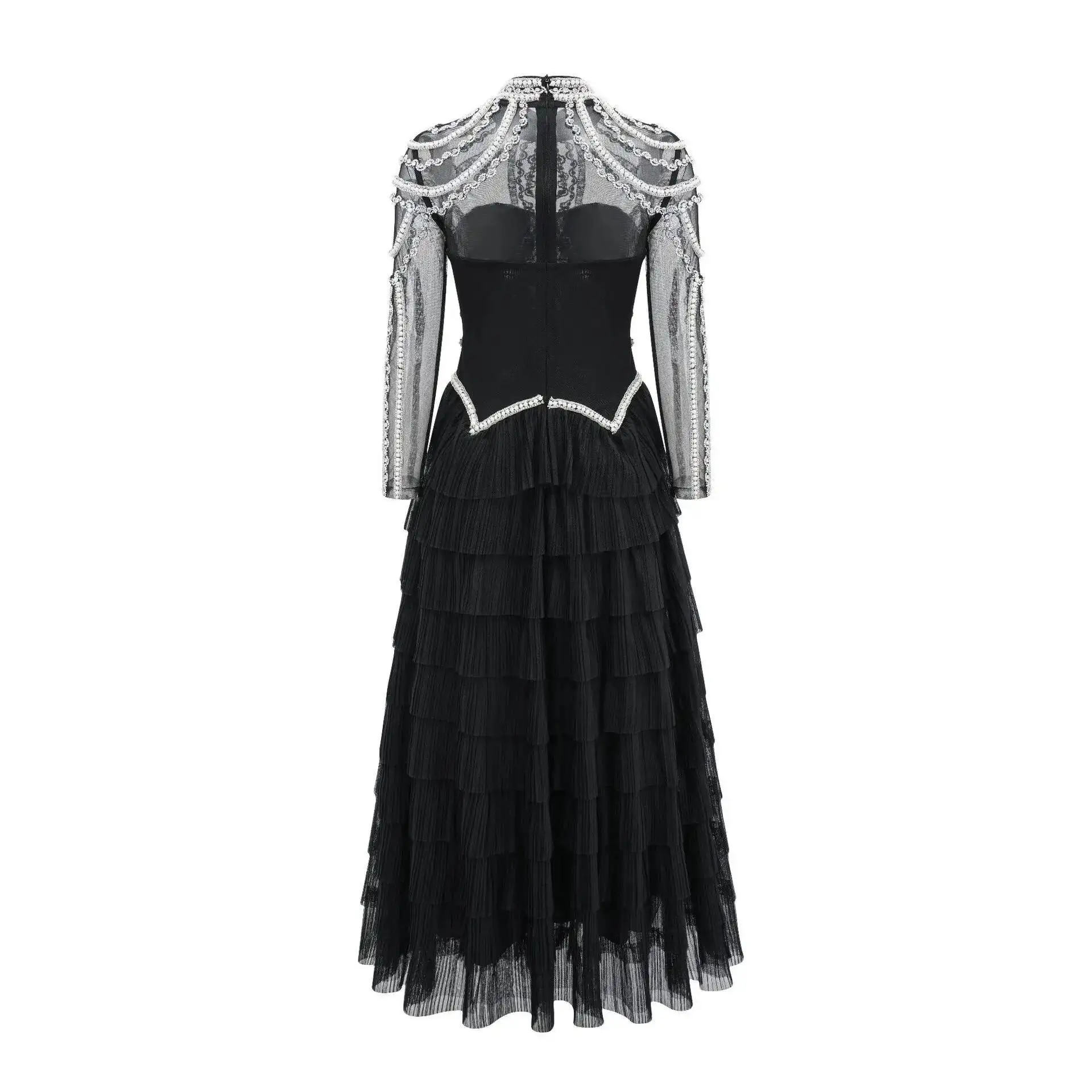 Luxury Banquet Evening Long Bridesmaid Wedding Dress Women Long Sleeve Beaded Pearls Diamonds Mesh Tulle Lace Vestidos Prom Robe