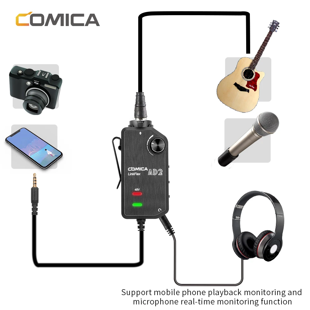 Comica LINKFLEX AD2 XLR/ 6.35mm adattatore preamplificatore Audio con 48V Phantom Power Guitar Interface microfono Preamp per fotocamere DSLR