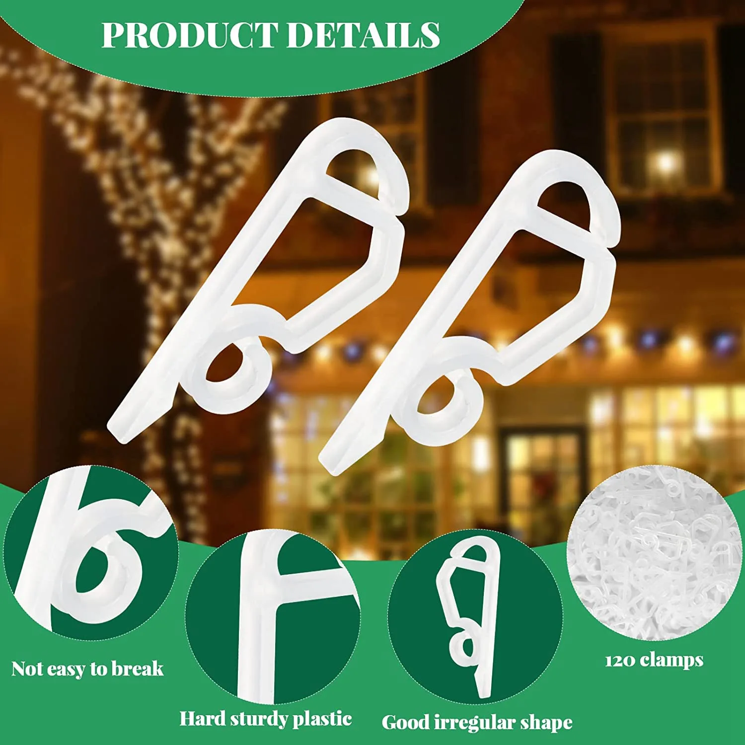 Paquete de 120 clips de luz navideña para exteriores, colgadores de luces navideñas resistentes a la intemperie, ganchos para canalones para vacaciones navideñas, color blanco