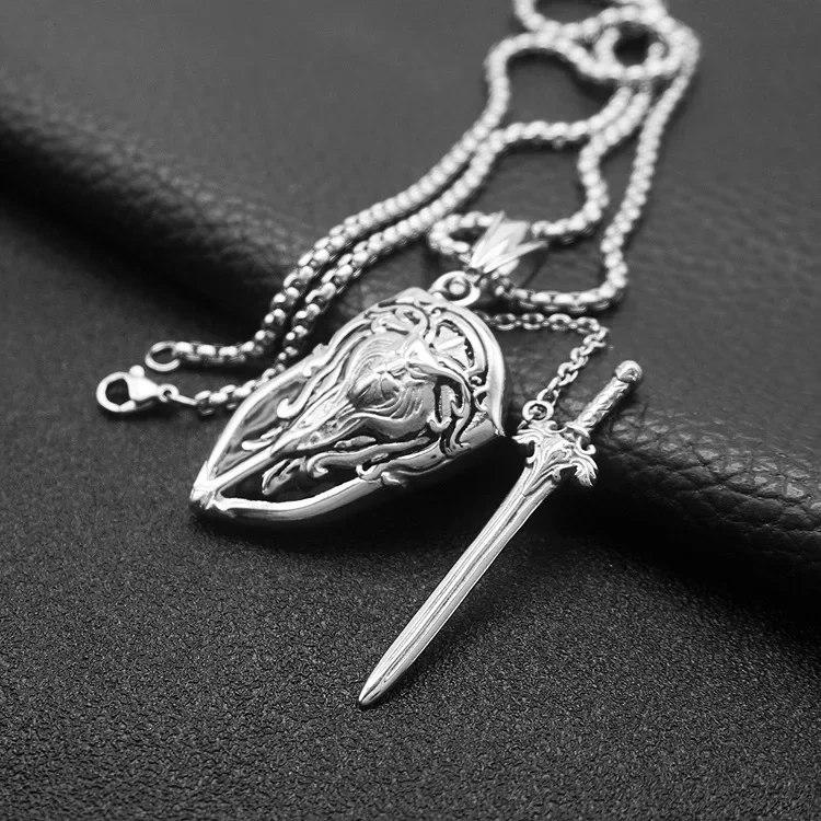 European and American Personalized Warcraft Shield Sword Trend Hip Hop Punk Men's Stainless Steel Pendant Necklace