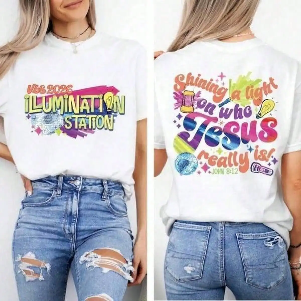 T Shirt Print ,Graphic-Cotton Tees Size Plus,Illumination Station Christian T-Shirt, VBS 2026 Tee, Shining A Light On Who Jesus Really Is Easter Church Shirt, Soft Spring Easter Outfit CWCP,Y2K,Oversized Shirt