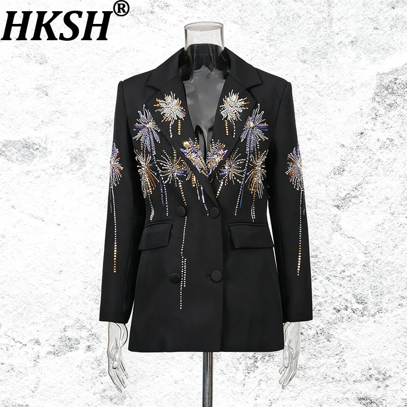 

HKSH Spring Autumn New Women's Blazer Heavy Craft Sequined Beaded Double Breasted Slim Fit Elegant Trend Jacket Ins Coat HK14988