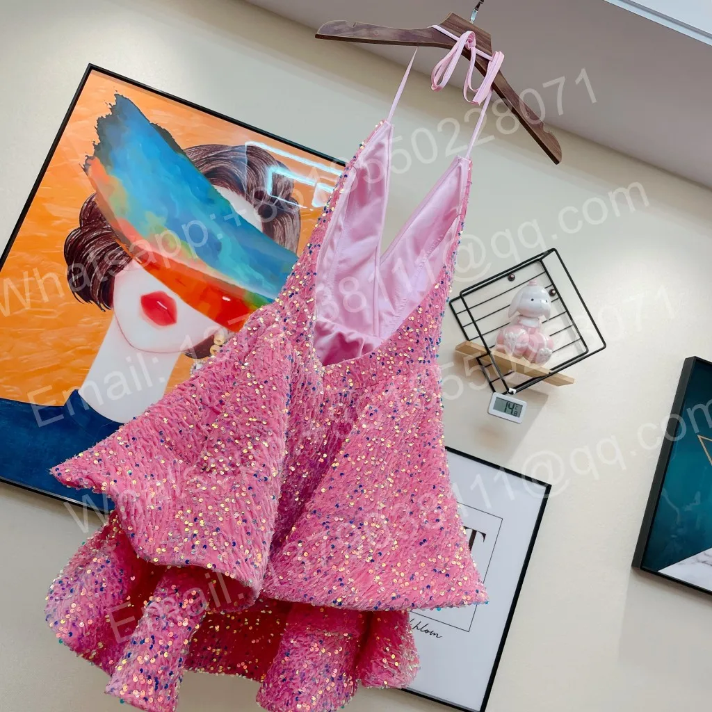 Roze Korte Prom Dresses Backless Tiered Rok Rekbaar Pailletten Verjaardag Partij Jassen Voor Avond Robe De Soiree Groothandel