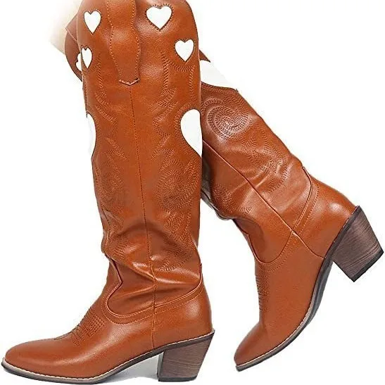 

Fashion Love Heart Chunky Heel Women's Knee High Boots Embroidered Slip-On Western Boots