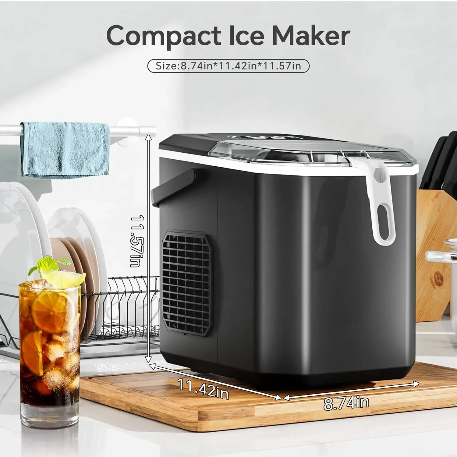 Efficient Self-Cleaning Ice Maker with Handle for Countertop, Produces 26Lbs of Ice in 24Hrs, 9 Cubes Ready in just 6 Mins, Incl