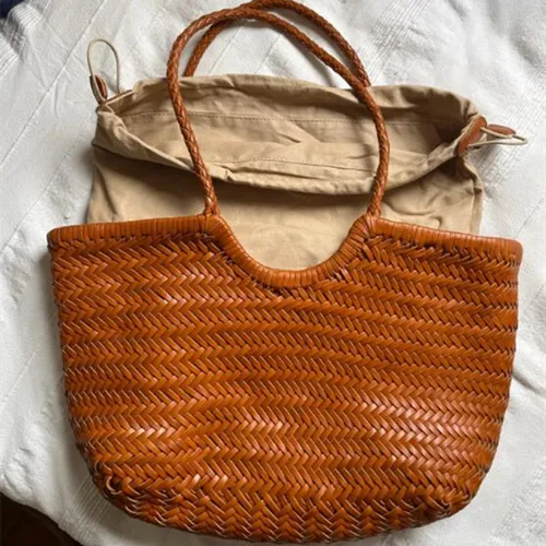 Imagen 2 del producto Bolsos de mano tejidos de piel de vaca 100% Natural, bolsos de mano de cuero genuino para mujer, bolsos de compras grandes de piel de vaca Vintage para mujer