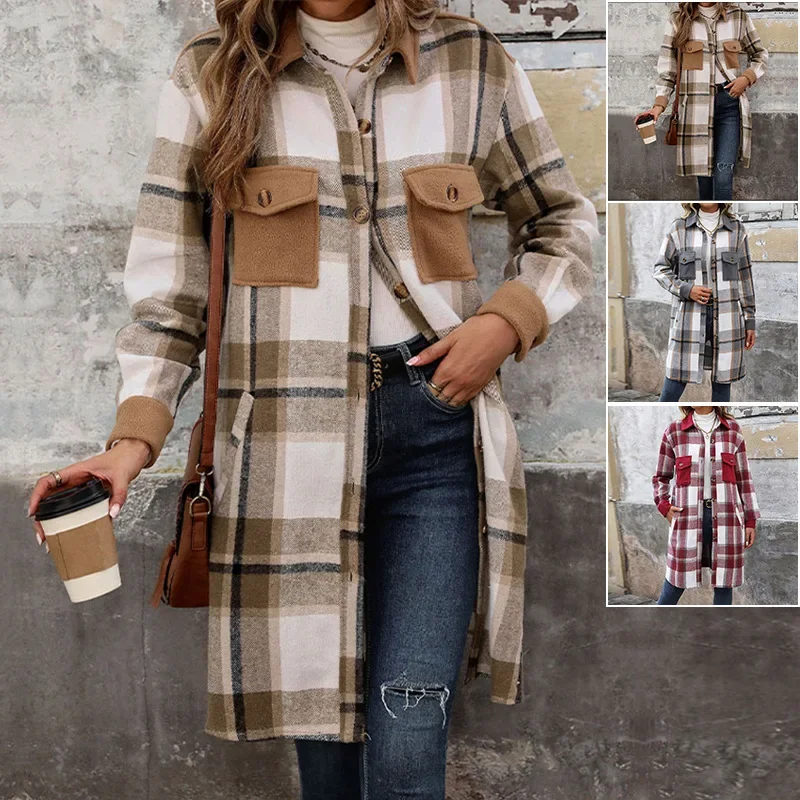 

Women Shirt Coats Mid Length Coat Turn Down Collar Single Breasted Plaid Print Full Sleeve Elegant Maxi Jackets Autumn Winter