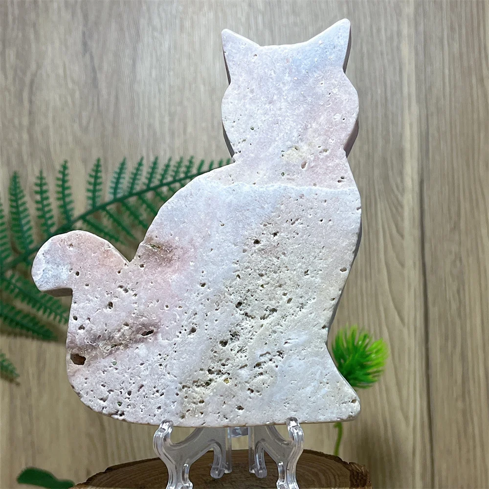 

Crystal Natural Pink Flower Agate Cat Carving Quartz Stone