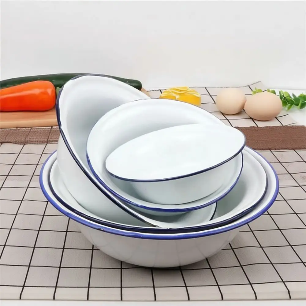 Vintage Enamel Deep Basin Retro Style Soup Bowl Kitchen Mixing Food Container Tableware Floral Pattern Table Serving Pot
