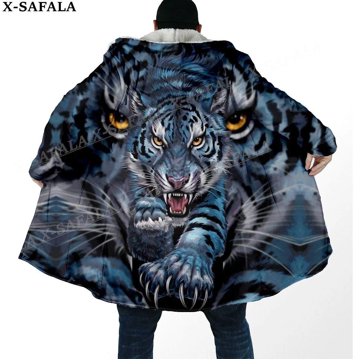 The King Myth Tiger Spirit Totems Arts Thick Warm Hooded Cloak Men Overcoat Coat Windproof Fleece Cape Robe Hooded Blanket-11