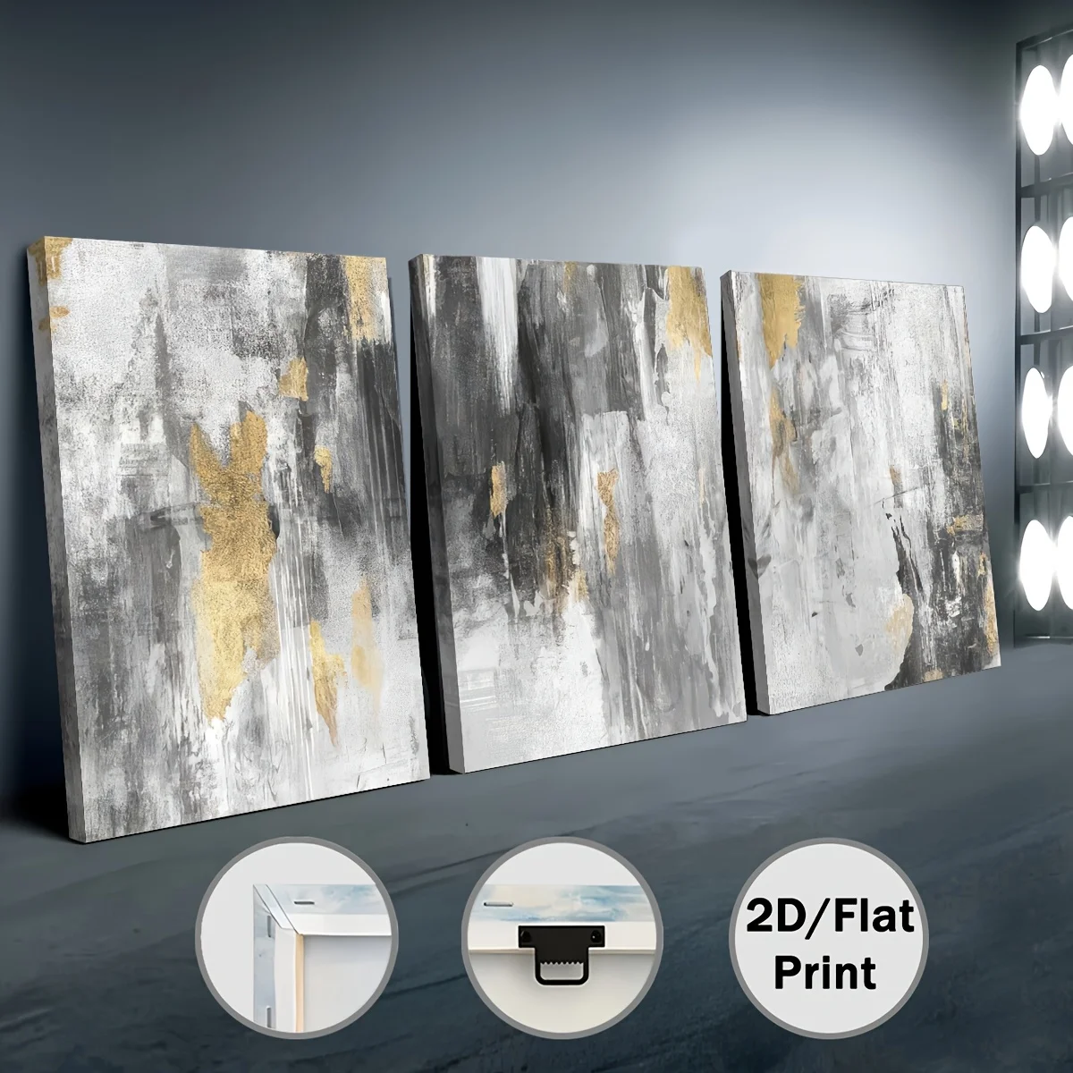 （Noframe 3PCS)-3-Pack 2D Flat Prints, Framed Canvas and Poster, Ready-to-Hang Golden and Grey Abstract Canvas Wall Art, Home