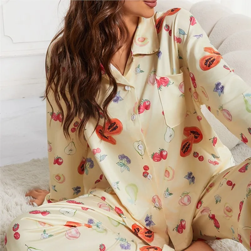 2024 Women\'s New Casual Yellow Pajama Set Long Sleeve Button Shirt Pocket Flower Fruit Printed Loose Wide Leg Pants Pajama S-XXL